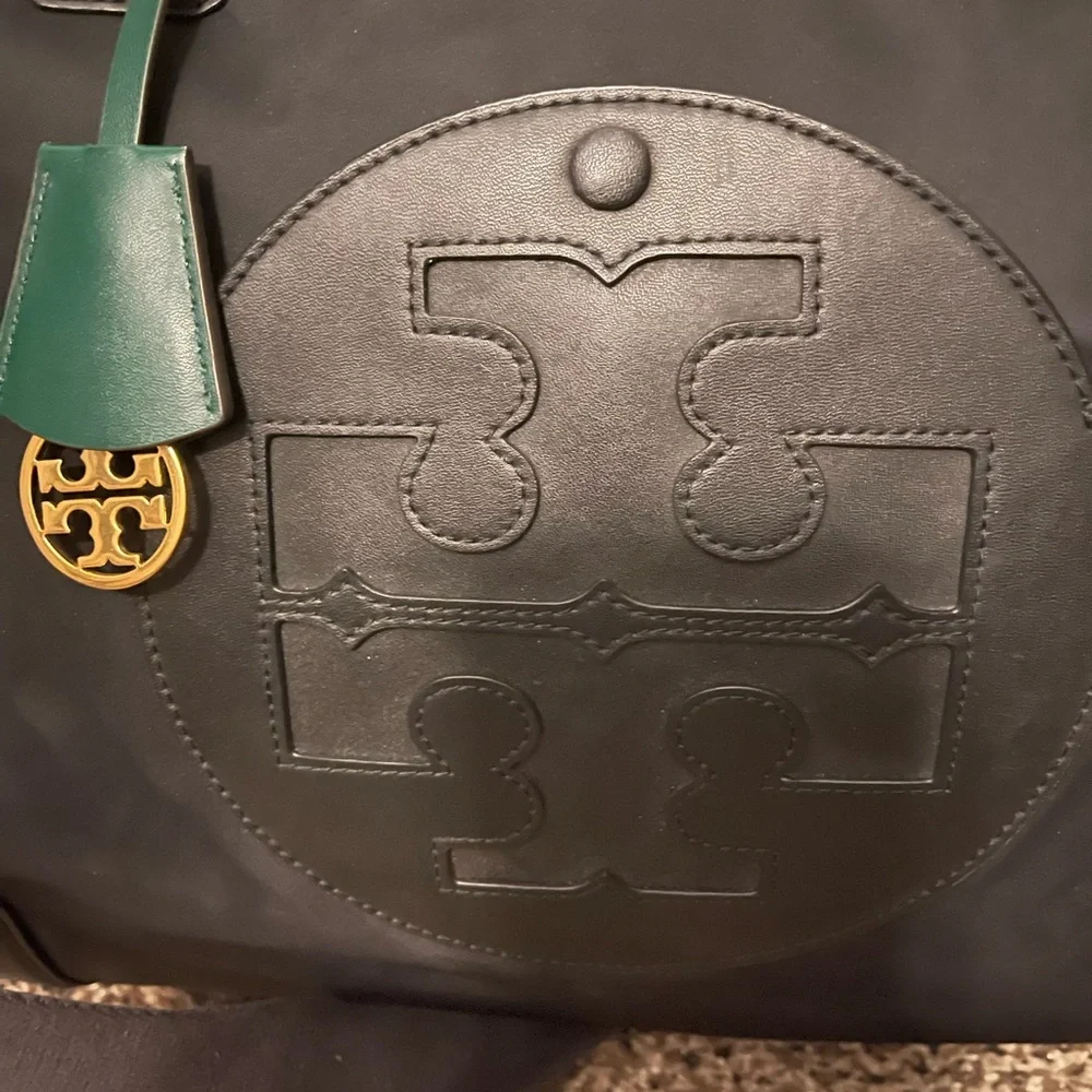 Tory Burch Black Nylon Tote with Green Leather Tag and Gold Logo Charm